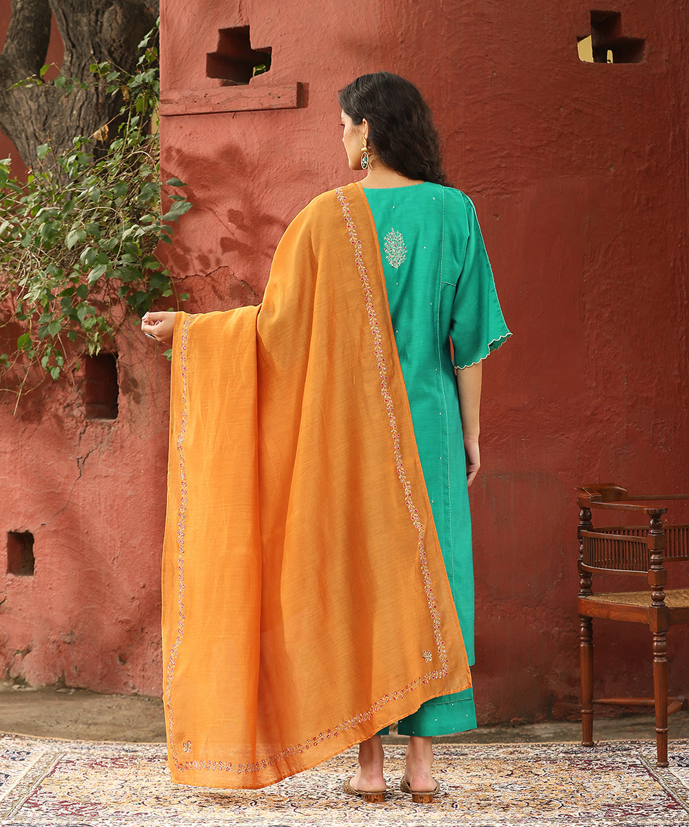 Turquoise_Blue_Hand_Embroidered_Pure_Chanderi_Silk_Kurta_With_Pants_And_Burnt_Orange_Dupatta_WeaverStory_03