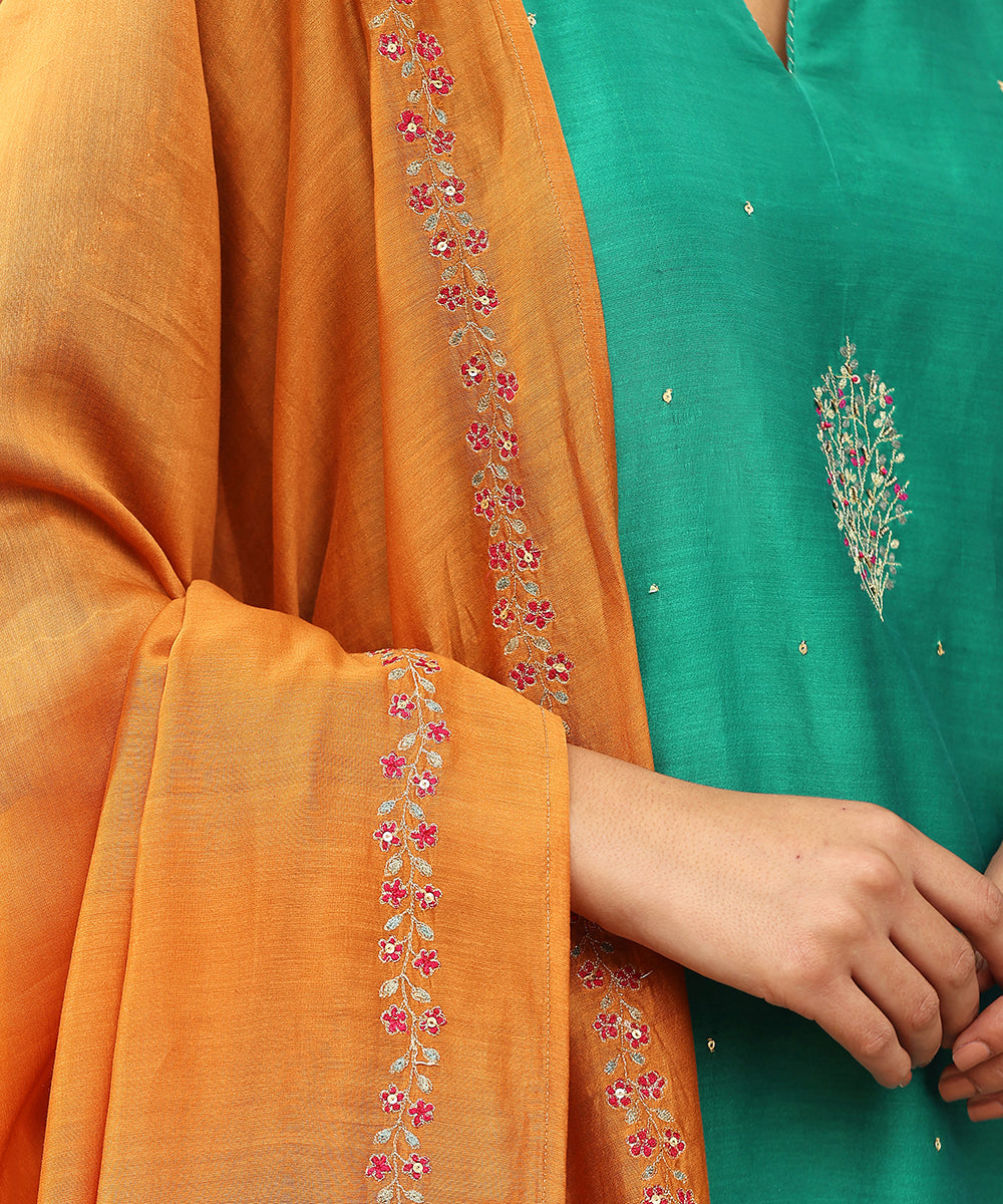 Turquoise_Blue_Hand_Embroidered_Pure_Chanderi_Silk_Kurta_With_Pants_And_Burnt_Orange_Dupatta_WeaverStory_05