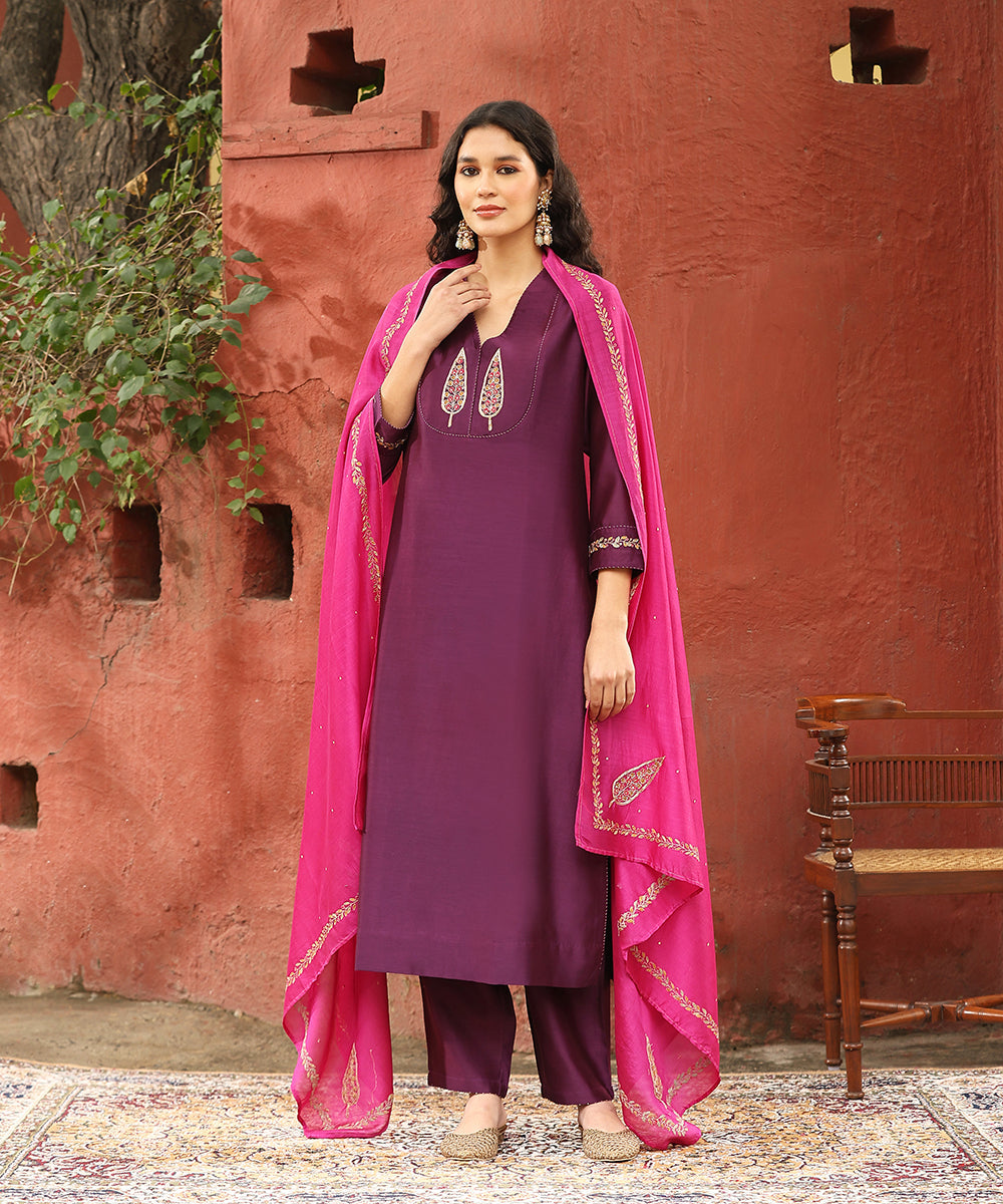 Deep_Purple_Hand_Embroidered_Pure_Chanderi_Silk_Kurta_With_Pants_And_Rani_Pink_Dupatta_WeaverStory_01