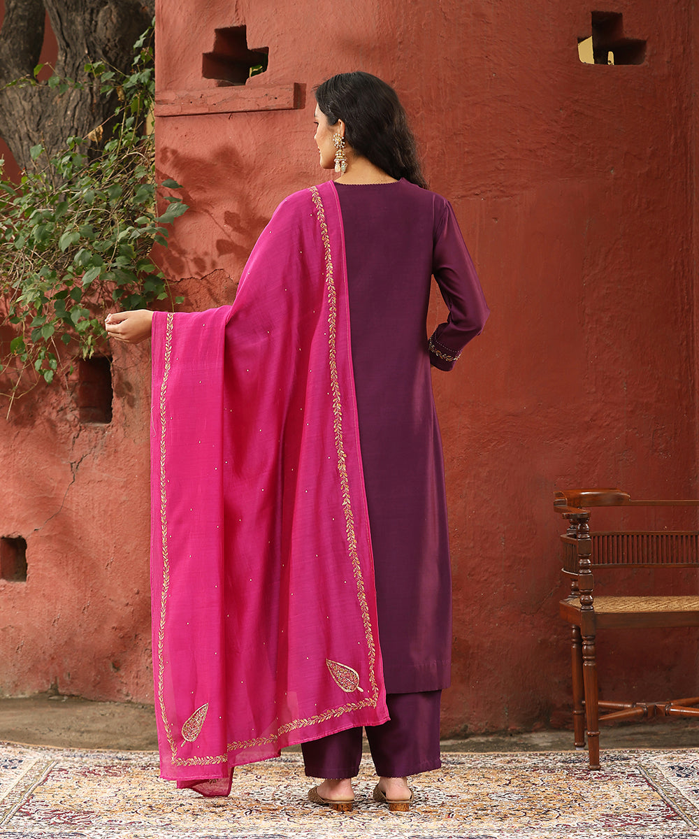 Deep_Purple_Hand_Embroidered_Pure_Chanderi_Silk_Kurta_With_Pants_And_Rani_Pink_Dupatta_WeaverStory_03