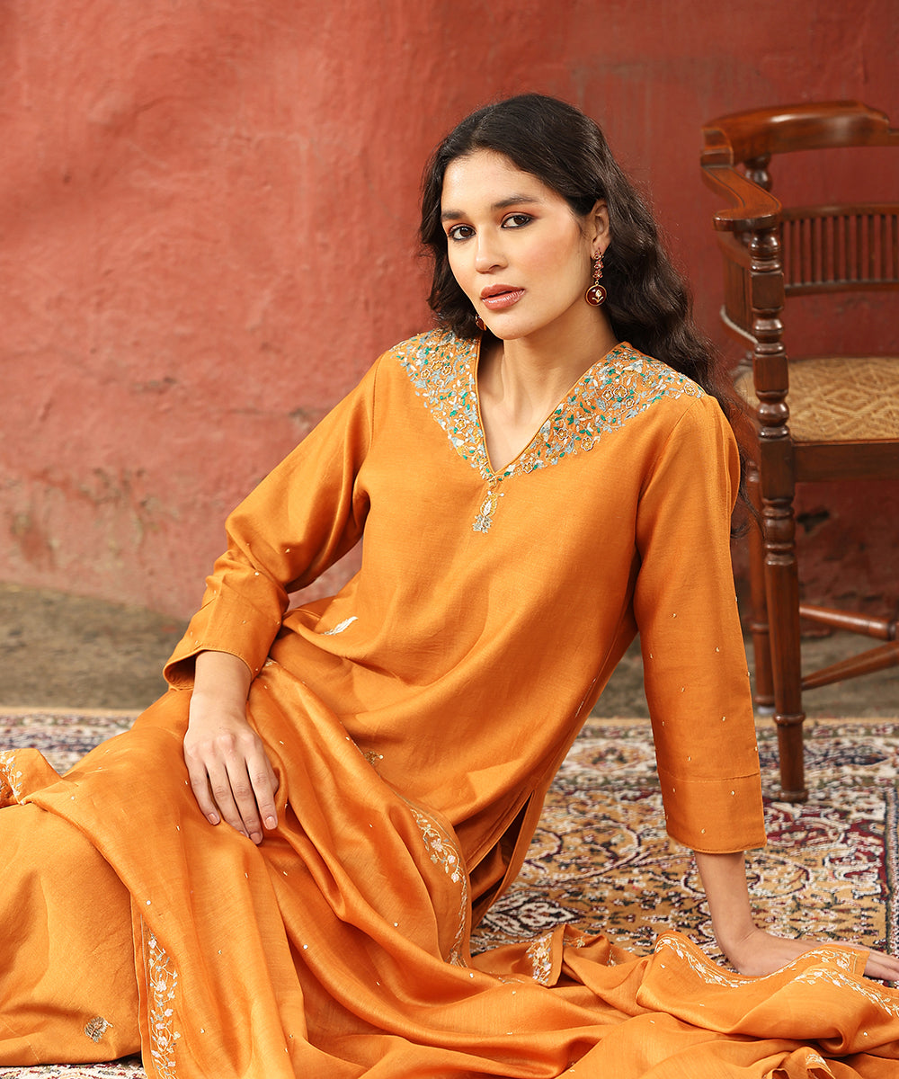 Burnt_Orange_Hand_Embroidered_Pure_Chanderi_Silk_Kurta_With_Pants_And_Dupatta_WeaverStory_02