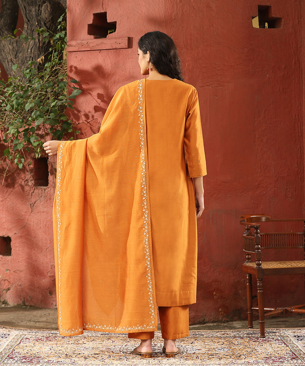 Burnt_Orange_Hand_Embroidered_Pure_Chanderi_Silk_Kurta_With_Pants_And_Dupatta_WeaverStory_03