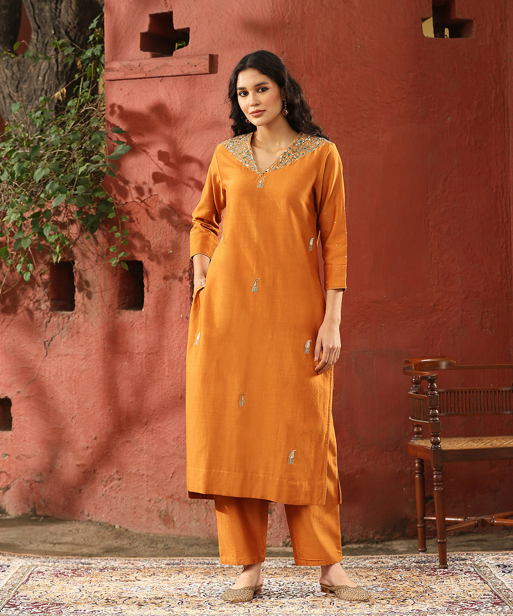 Burnt_Orange_Hand_Embroidered_Pure_Chanderi_Silk_Kurta_With_Pants_And_Dupatta_WeaverStory_04