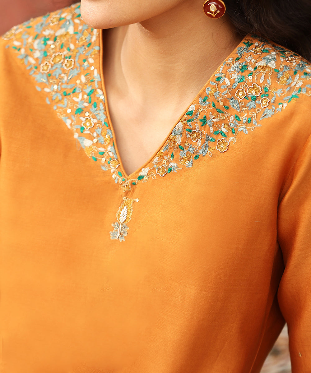 Burnt_Orange_Hand_Embroidered_Pure_Chanderi_Silk_Kurta_With_Pants_And_Dupatta_WeaverStory_05