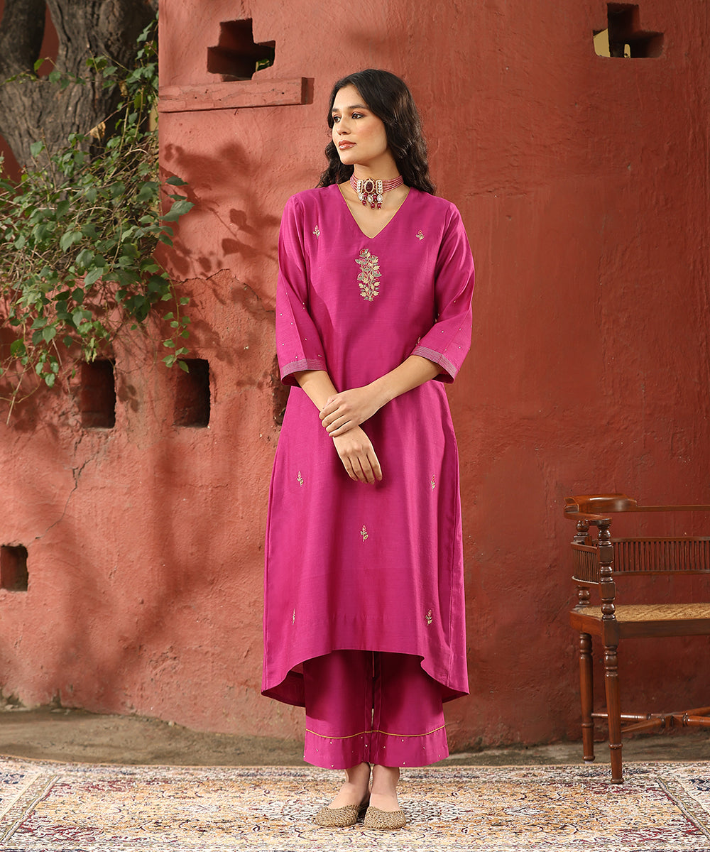 Rani_Pink_Hand_Embroidered_Pure_Chanderi_Silk_Kurta_With_Pants_WeaverStory_01
