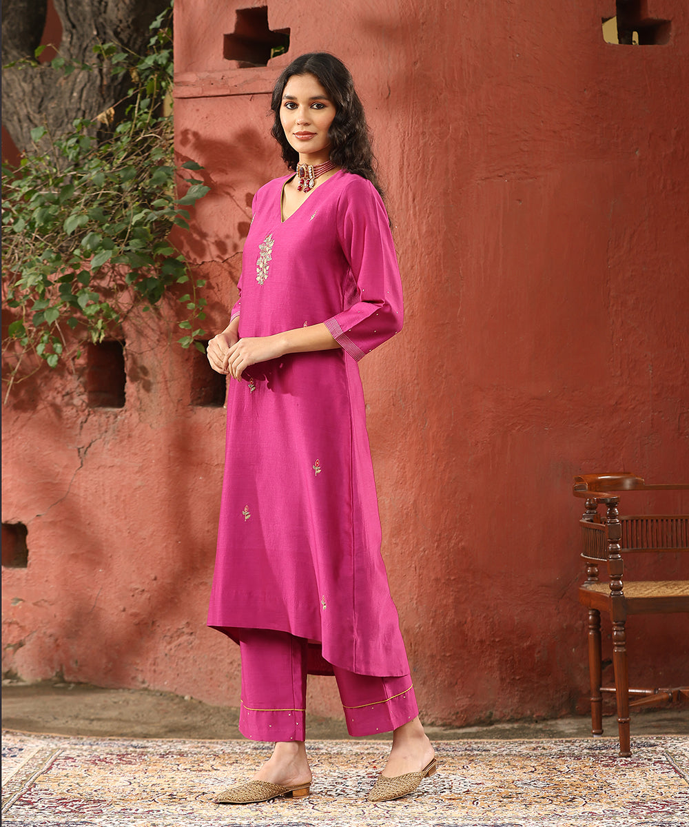 Rani_Pink_Hand_Embroidered_Pure_Chanderi_Silk_Kurta_With_Pants_WeaverStory_03