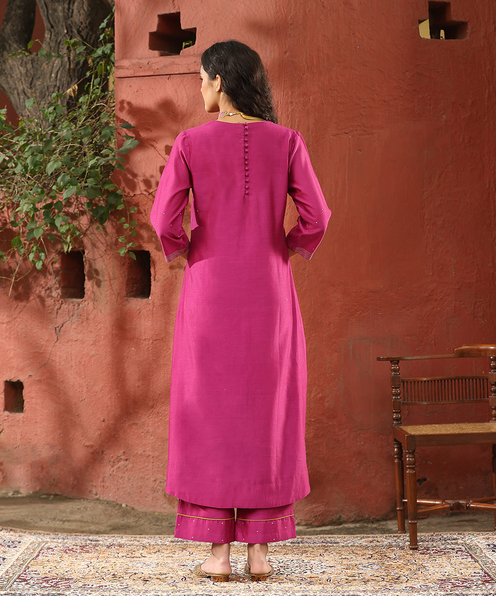 Rani_Pink_Hand_Embroidered_Pure_Chanderi_Silk_Kurta_With_Pants_WeaverStory_04