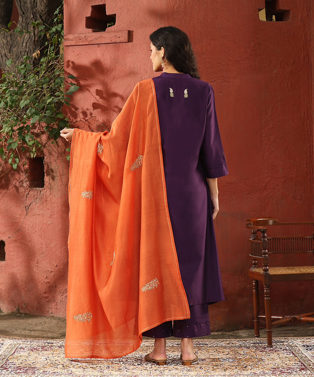 Deep_Purple_Hand_Embroidered_Pure_Chanderi_Silk_Kurta_With_Pants_And_Burnt_Orange_Dupatta__WeaverStory_03