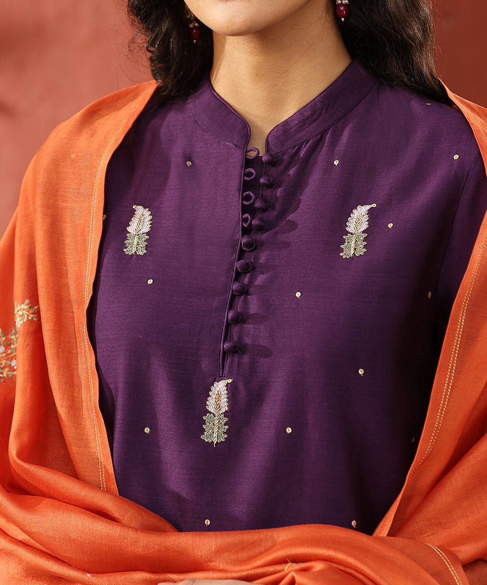 Deep_Purple_Hand_Embroidered_Pure_Chanderi_Silk_Kurta_With_Pants_And_Burnt_Orange_Dupatta__WeaverStory_04