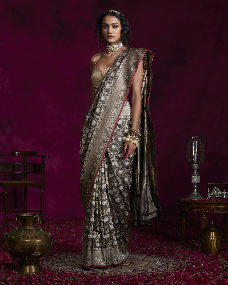 Charcoal_Handloom_Katan_Silk_Banarasi_Saree_with_Grey_Meenakari_and_Bareek_Jangla_WeaverStory_02