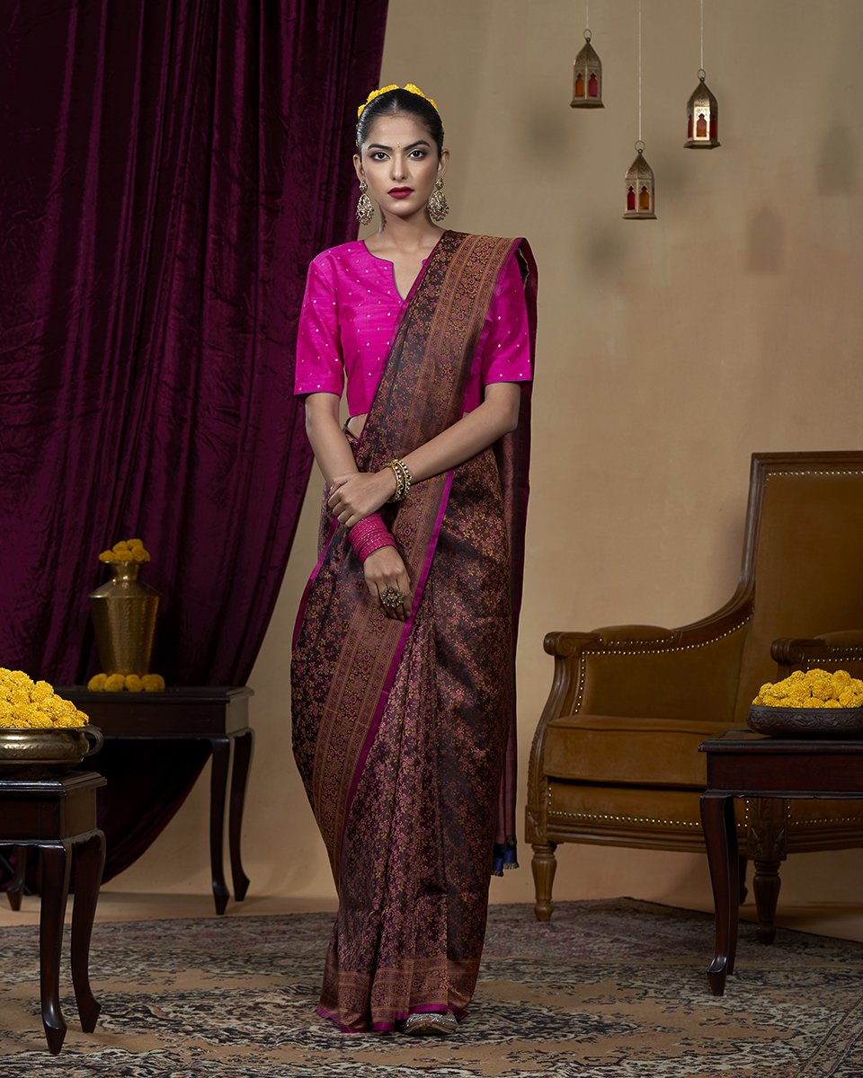 Coke_Brown_Handloom_Reshmi_Gulaab_Booti_Tanchoi_in_Pure_Katan_Silk_WeaverStory_02