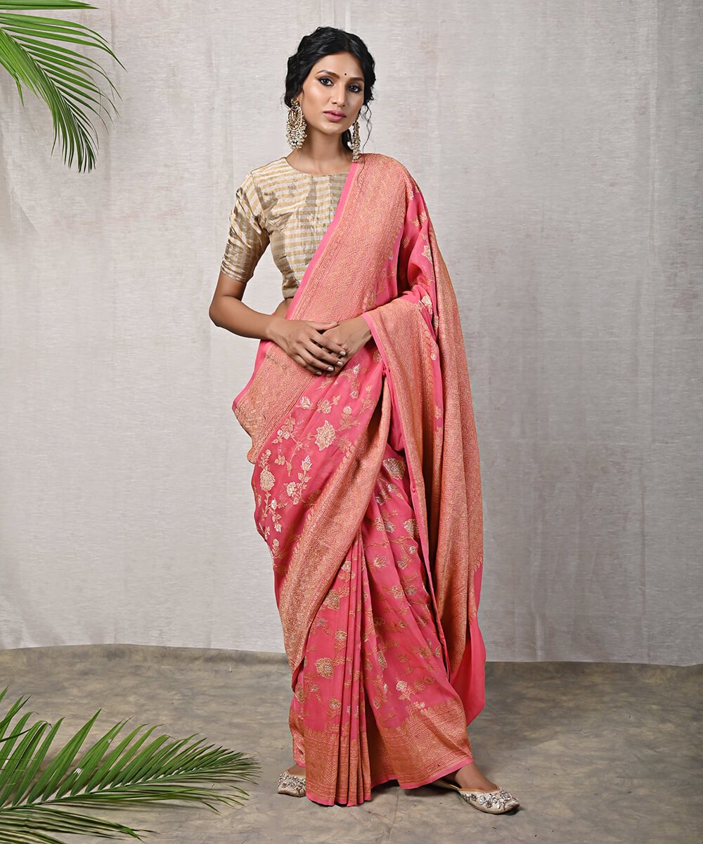 Coral_Peach_Handloom_Kadhwa_Banarasi_Georgette_Saree_with_Floral_Jangla_WeaverStory_02