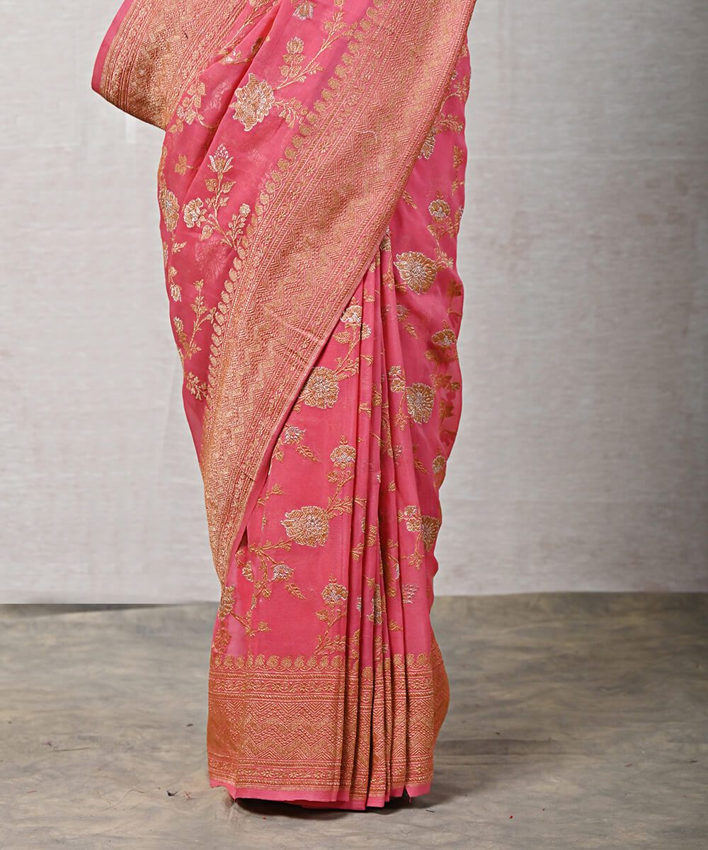 Coral_Peach_Handloom_Kadhwa_Banarasi_Georgette_Saree_with_Floral_Jangla_WeaverStory_04