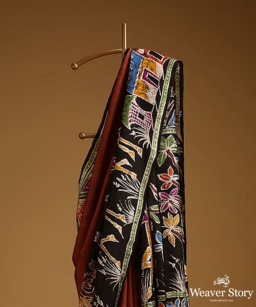 Brown_And_Black_Handloom_Pure_Mulberry_Silk_Hand_Batik_Saree_With_Deer_Motifs_Border_WeaverStory_02