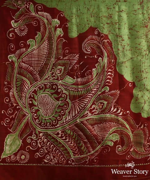 Handloom_Green_And_Brown_Pure_Mulberry_Silk_Hand_Batik_Saree_With_Paisleys_WeaverStory_05