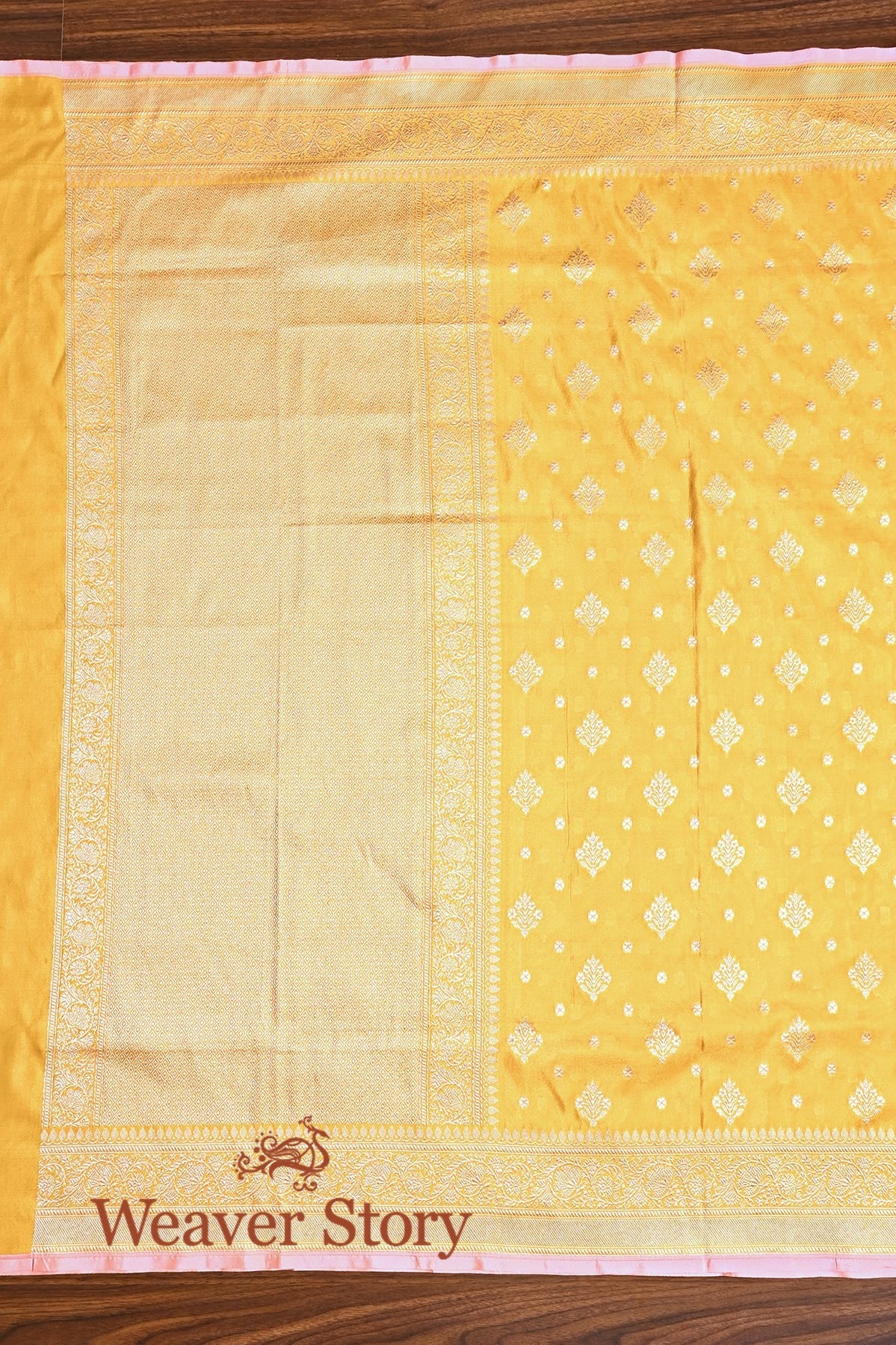 Yellow_Handloom_Katan_Silk_and_Georgette_Banarasi_Dupatta_with_Pink_Selvedge_WeaverStory_03