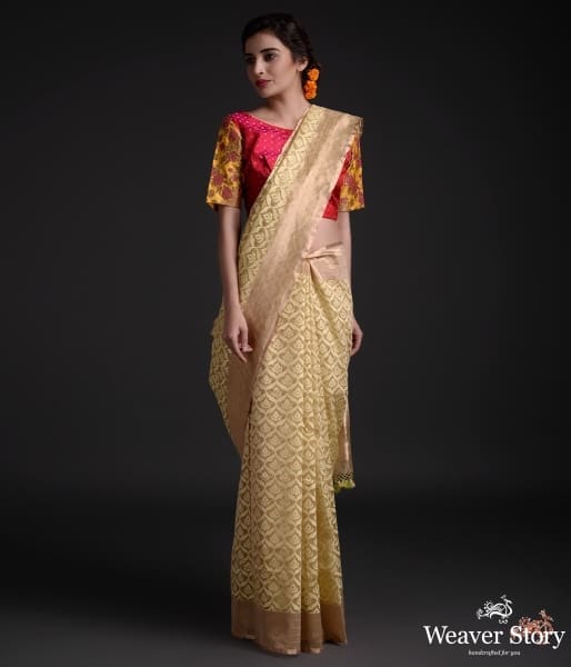 Handwoven_yellow_banarasi_Tissue_net_saree_with_gold_border_WeaverStory_02