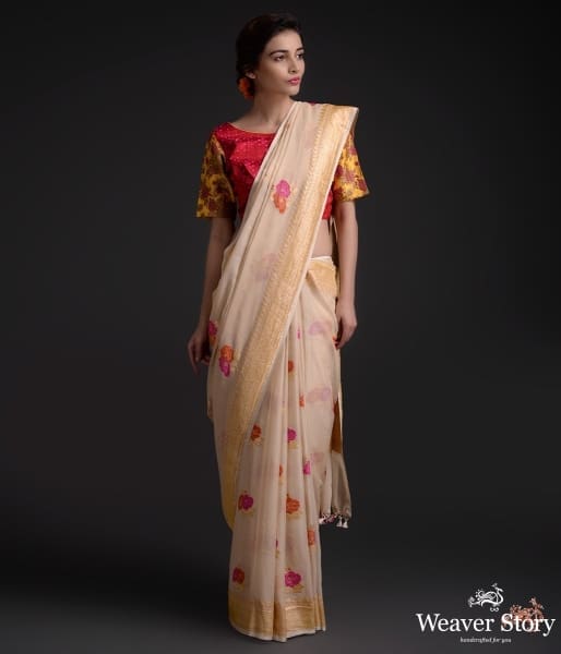 Beige_meenakari_gulab_boota_georgette_saree_WeaverStory_02