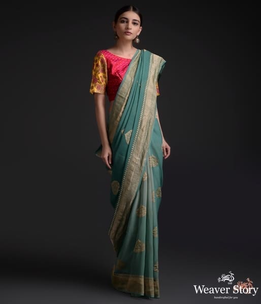 Forest_Green_shaded_kadhwa_georgette_saree_WeaverStory_02