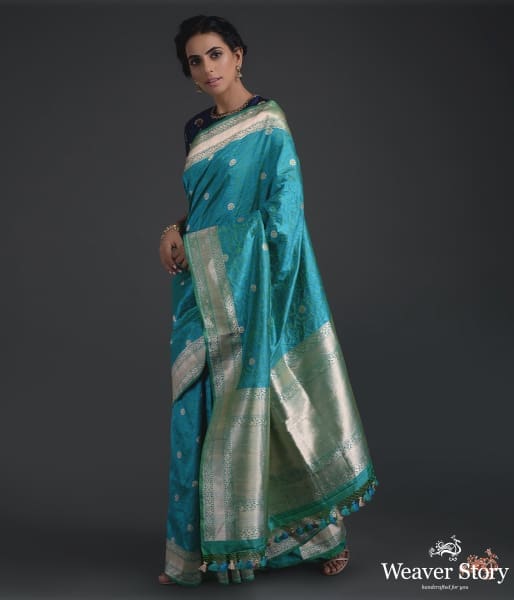 Turquoise_blue_and_green_Tanchoi_with_kadhwa_border_WeaverStory_02