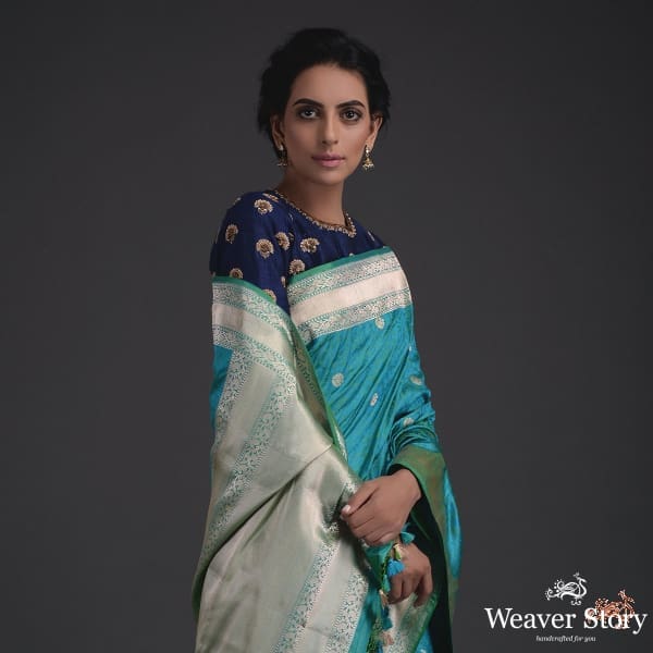 Turquoise_blue_and_green_Tanchoi_with_kadhwa_border_WeaverStory_01
