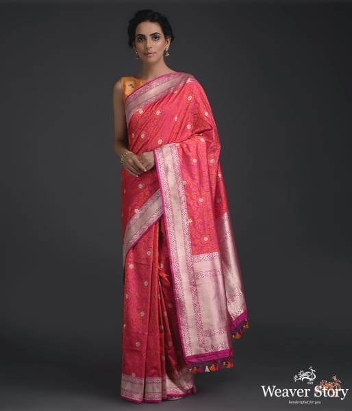 Pink_and_Orange_Tanchoi_with_kadhwa_border_WeaverStory_02