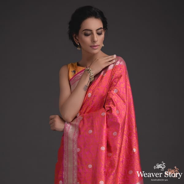 Pink_and_Orange_Tanchoi_with_kadhwa_border_WeaverStory_01