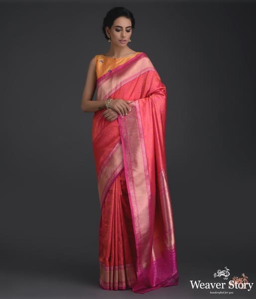 Handwoven_Banarasi_Tanchoi_saree_in_pink_and_orange_with_self_weave_WeaverStory_02