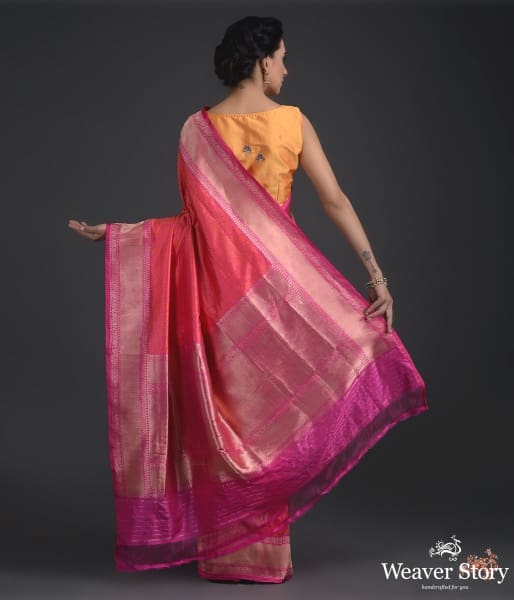 Handwoven_Banarasi_Tanchoi_saree_in_pink_and_orange_with_self_weave_WeaverStory_03