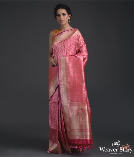Handwoven_Banarasi_saree_with_checks_and_zari_base_WeaverStory_02