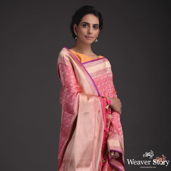 Handwoven_Banarasi_saree_with_checks_and_zari_base_WeaverStory_01