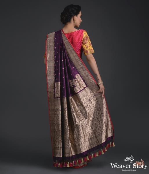 Deep_purple_self_weave_tanchoi_saree_WeaverStory_04