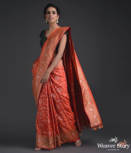 Deep_Orange_banarasi_jangla_with_heavy_border_and_pallu_WeaverStory_02