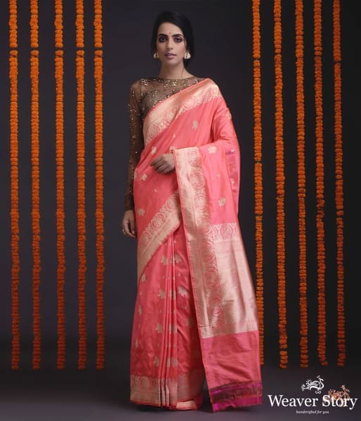 Peach_floral_border_saree_with_kadhwa_booti_WeaverStory_02