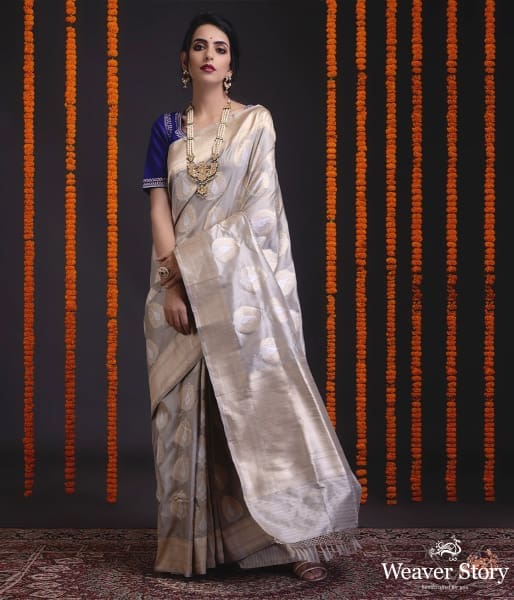 Grey_Katan_silk_saree_with_heavy_gold_zari_and_meenakari_motifs_WeaverStory_02