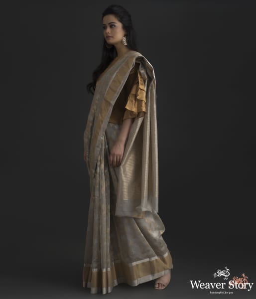 Grey_chanderi_silk_saree_with_gold_silver_floral_jaal_WeaverStory_02