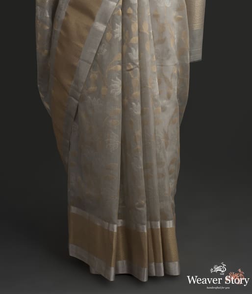 Grey_chanderi_silk_saree_with_gold_silver_floral_jaal_WeaverStory_04