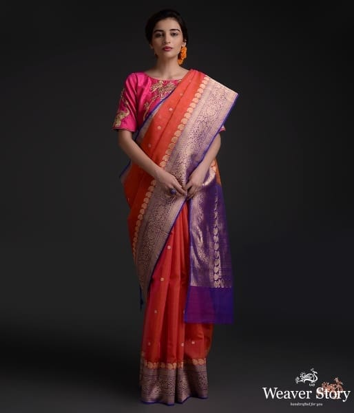 Orange_and_Purple_Banarasi_Kora_silk_saree_WeaverStory_02