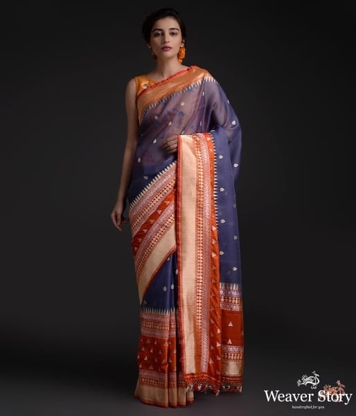 Handwoven_kora_silk_saree_with_an_Orange_heavy_border_WeaverStory_02