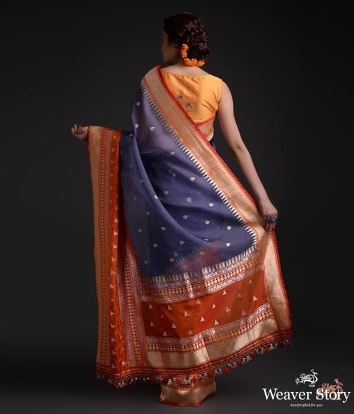 Handwoven_kora_silk_saree_with_an_Orange_heavy_border_WeaverStory_03