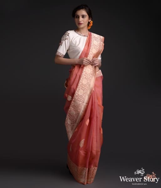 Peach_kadhwa_banarasi_kora_with_zari_border_WeaverStory_02