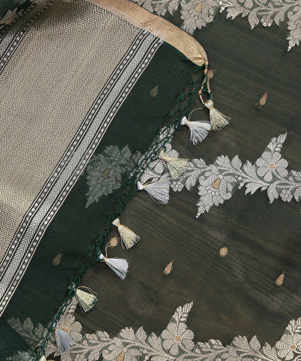 Handloom_Bottle_Green_Kora_Silk_Banarasi_Dupatta_with_Aada_Jaal_WeaverStory_04