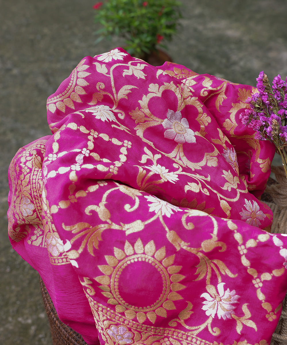 Pink_Handloom_Pure_Georgette_Banarasi_Dupatta_With_Jaal_WeaverStory_01