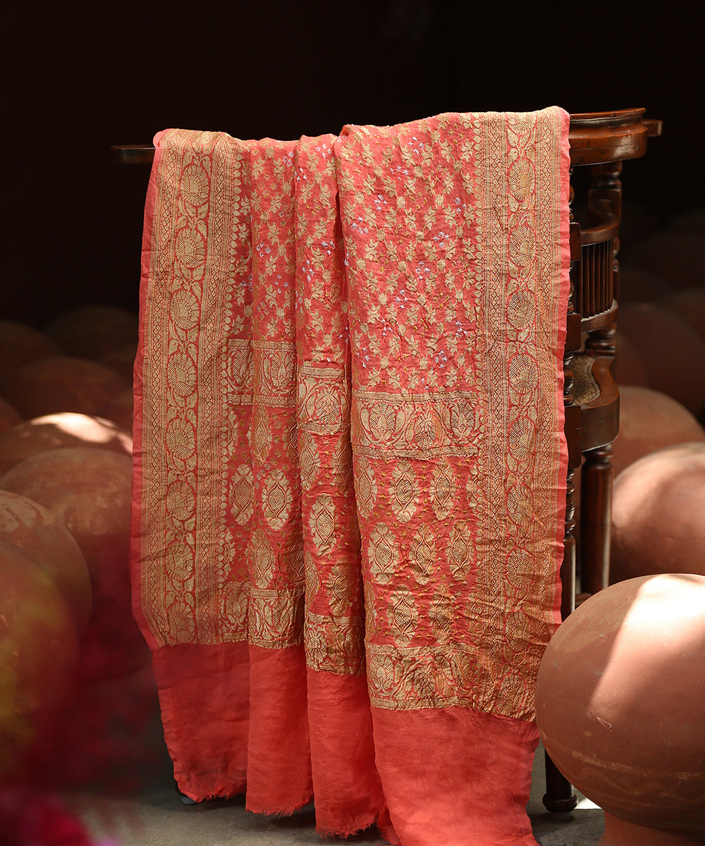 Handloom_Orange_Georgette_Banarasi_Bandhej_Dupatta_With_Cutwork_Jaal_WeaverStory_01