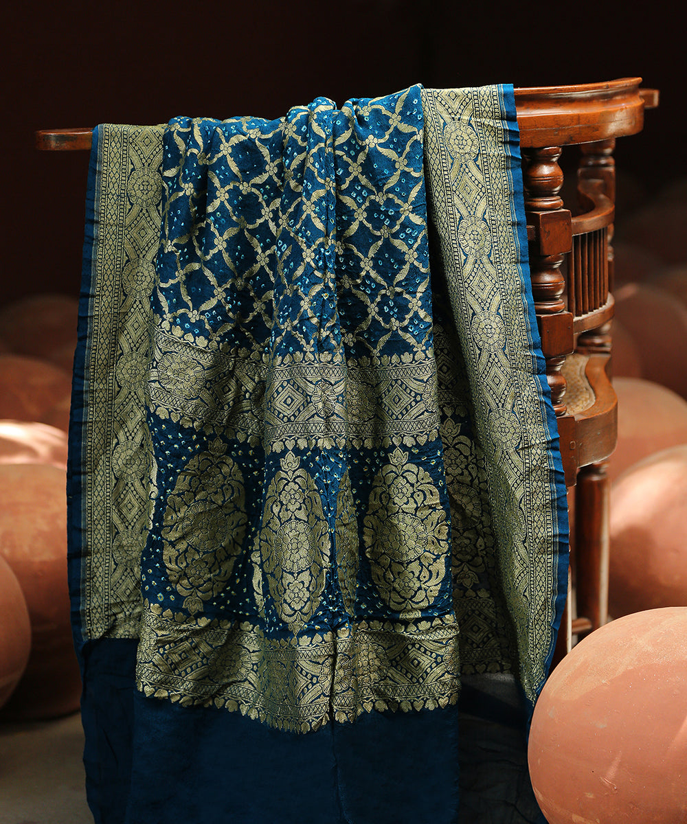 Handloom_Teal_Blue_Georgette_Banarasi_Bandhej_Dupatta_With_Floral_Border_WeaverStory_01