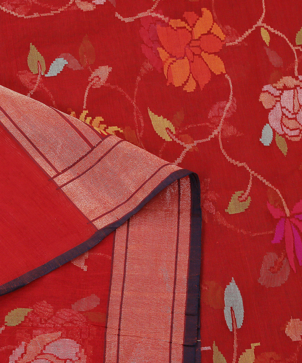 Handloom_Red_Pure_Zari_Handspun_Cotton_Jamdani_Banarasi_Dupatta_WeaverStory_04
