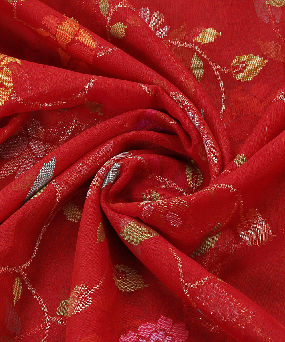 Handloom_Red_Pure_Zari_Handspun_Cotton_Jamdani_Banarasi_Dupatta_WeaverStory_05