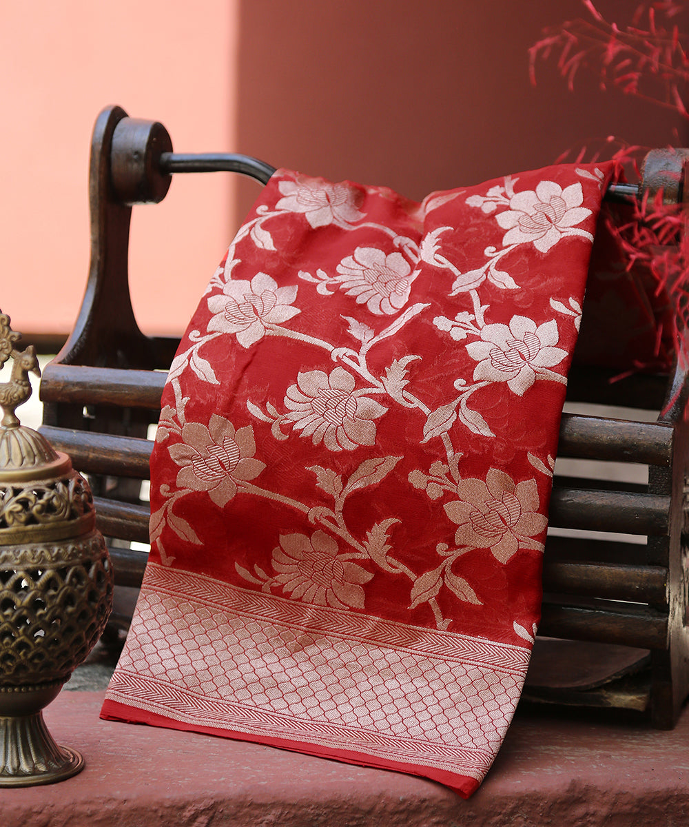 Red_Handloom_Banarasi_Georgette_Dupatta_With_Cutwork_Floral_Jaal_WeaverStory_01