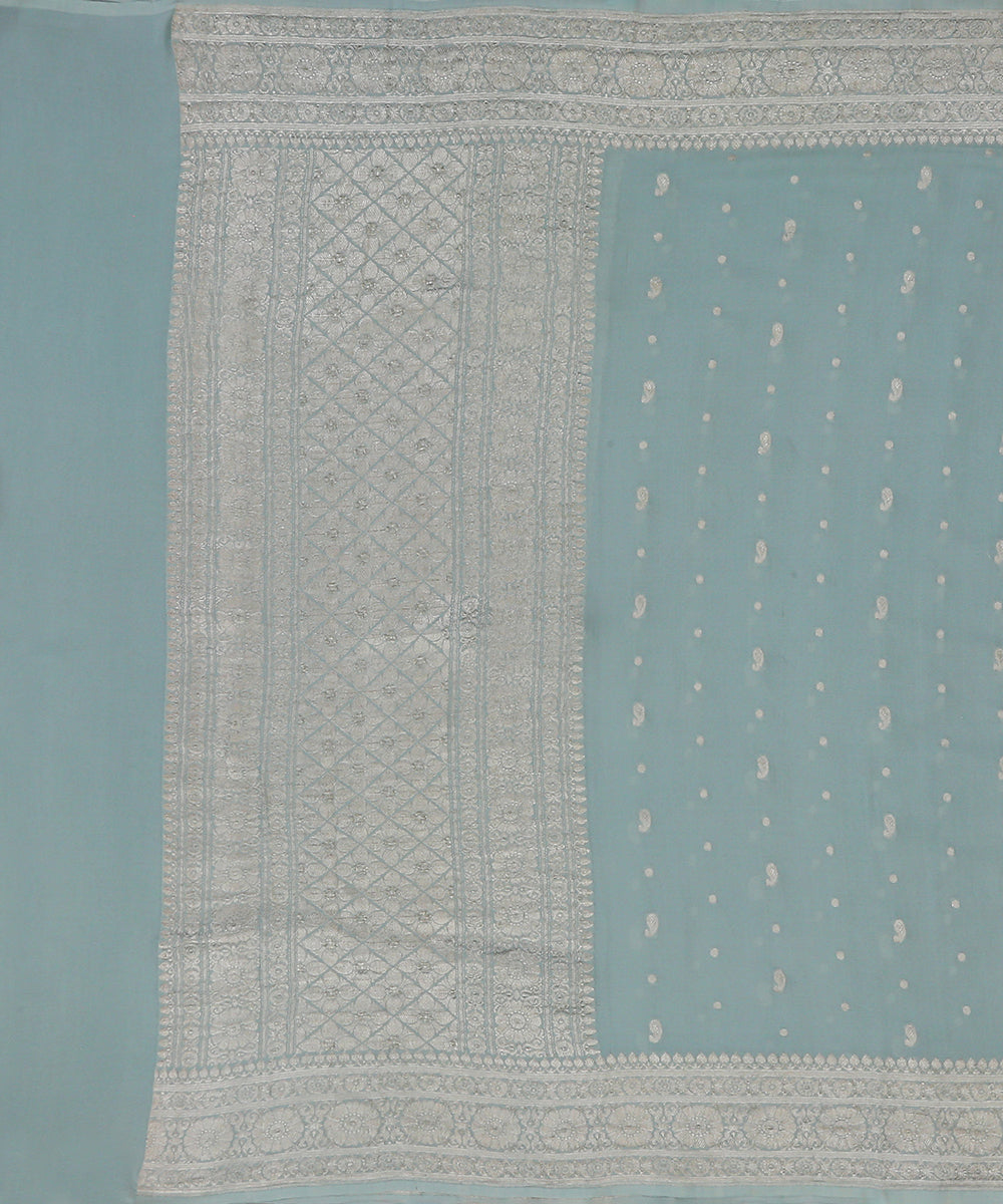 Handloom_Aqua_Blue_Banarasi_Georgette_Dupatta_With_Paisley_Booti_And_Kadhwa_Border_WeaverStory_02