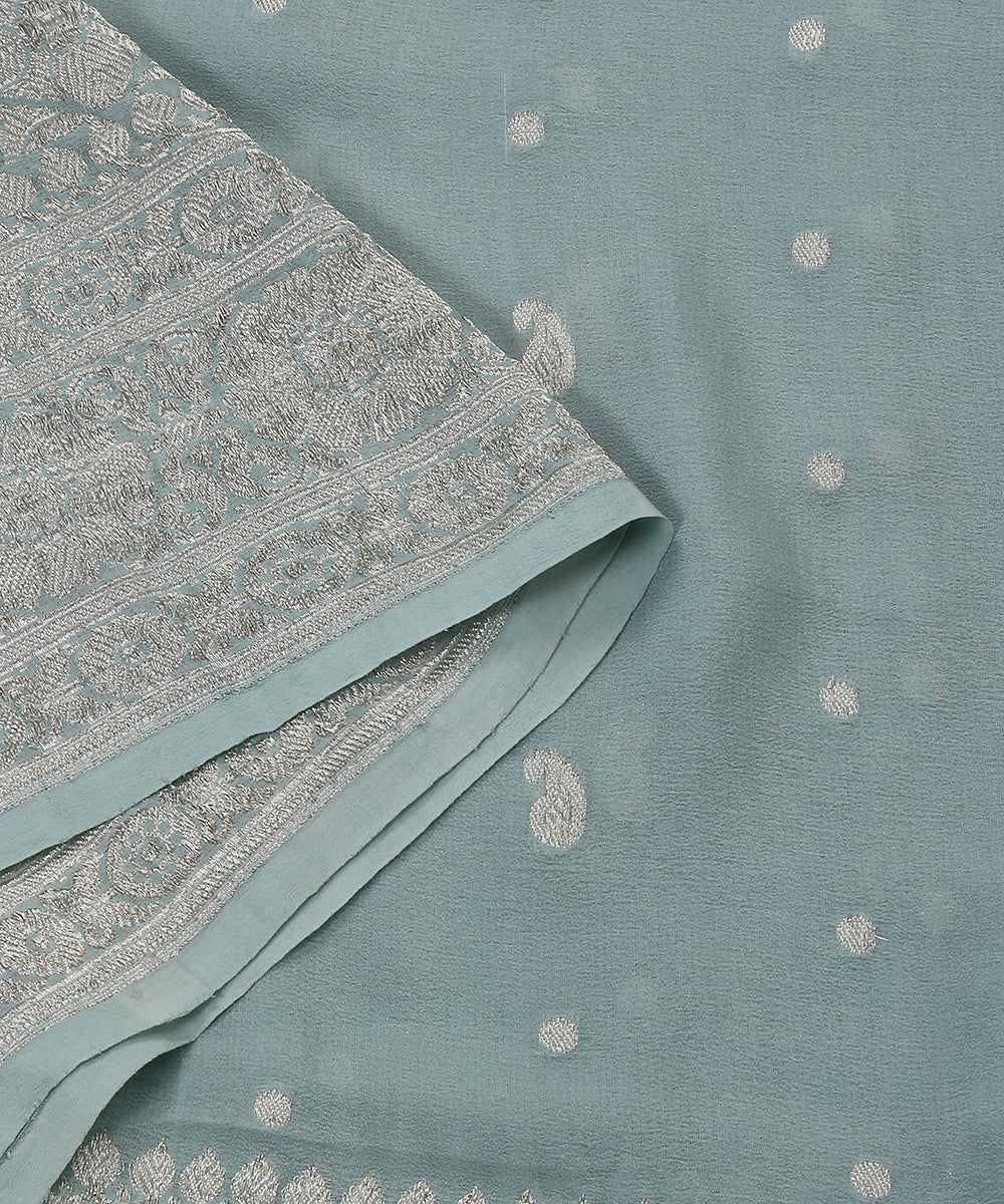 Handloom_Aqua_Blue_Banarasi_Georgette_Dupatta_With_Paisley_Booti_And_Kadhwa_Border_WeaverStory_04